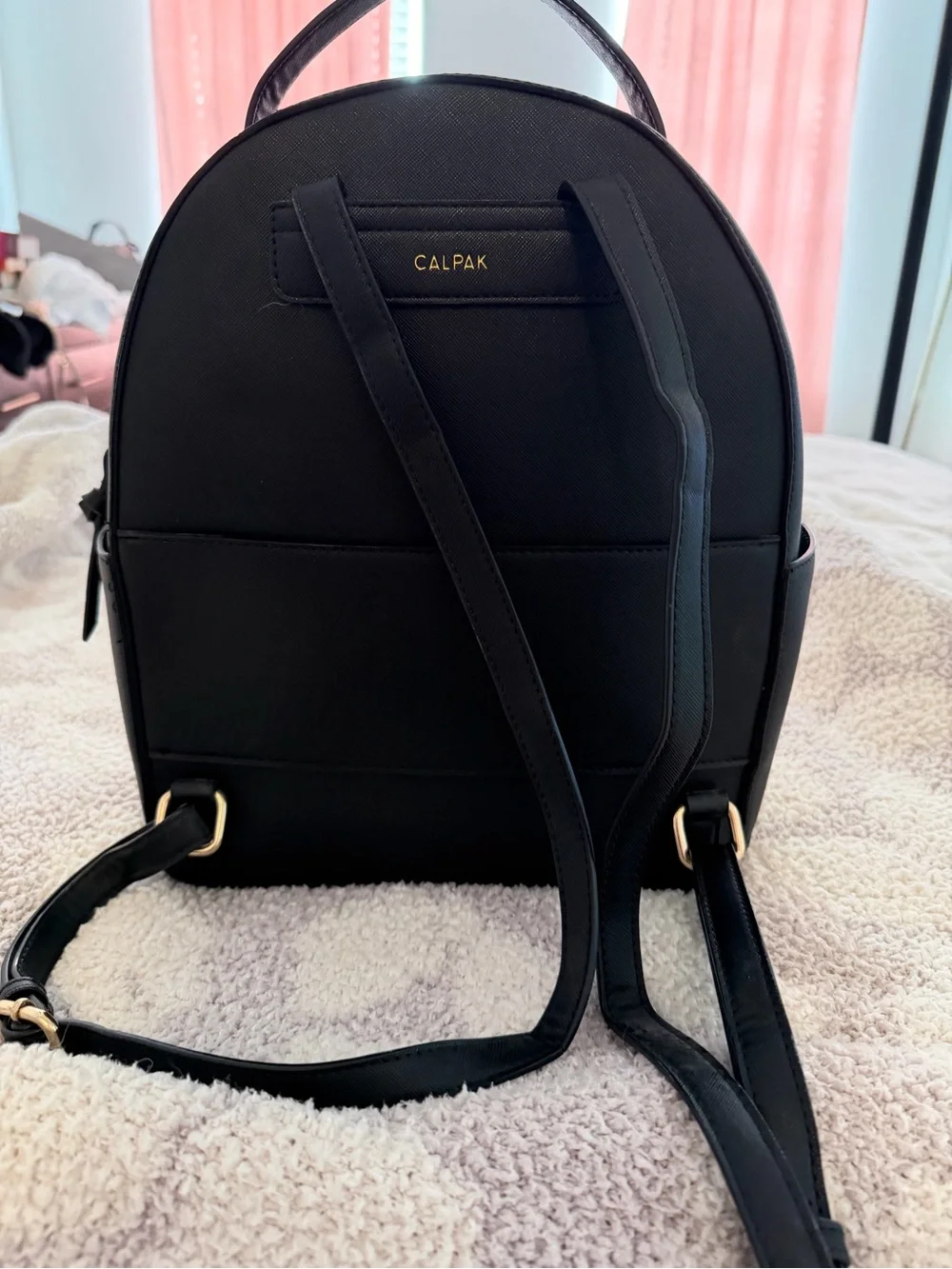 Calpak Black Mini Backpack with Braided Trim and Gold Hardware